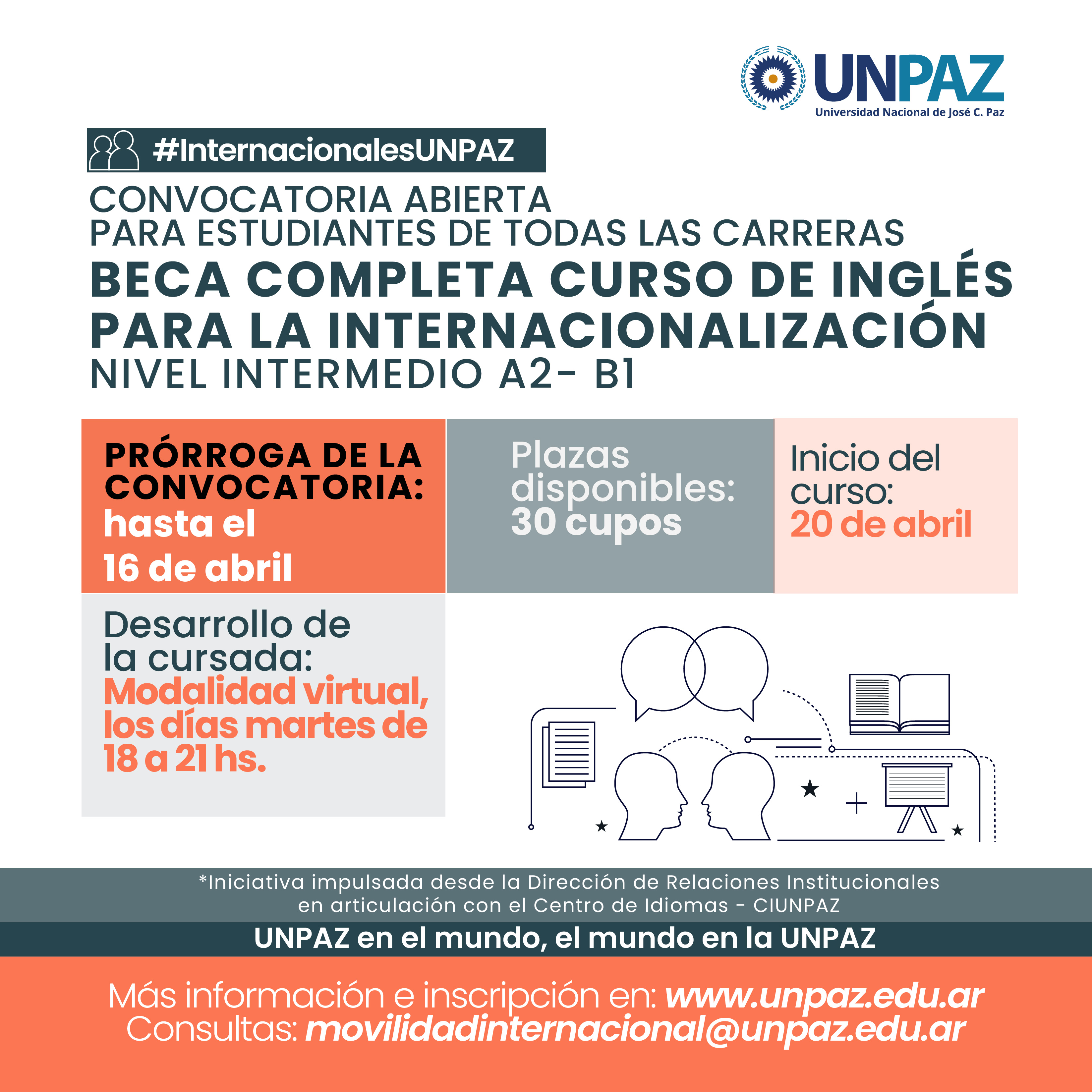 CONVOCATORIA ABIERTA A BECA COMPLETA CURSO DE INGLÉS PARA LA INTERNACIONALIZACIÓN UNPAZ 2021