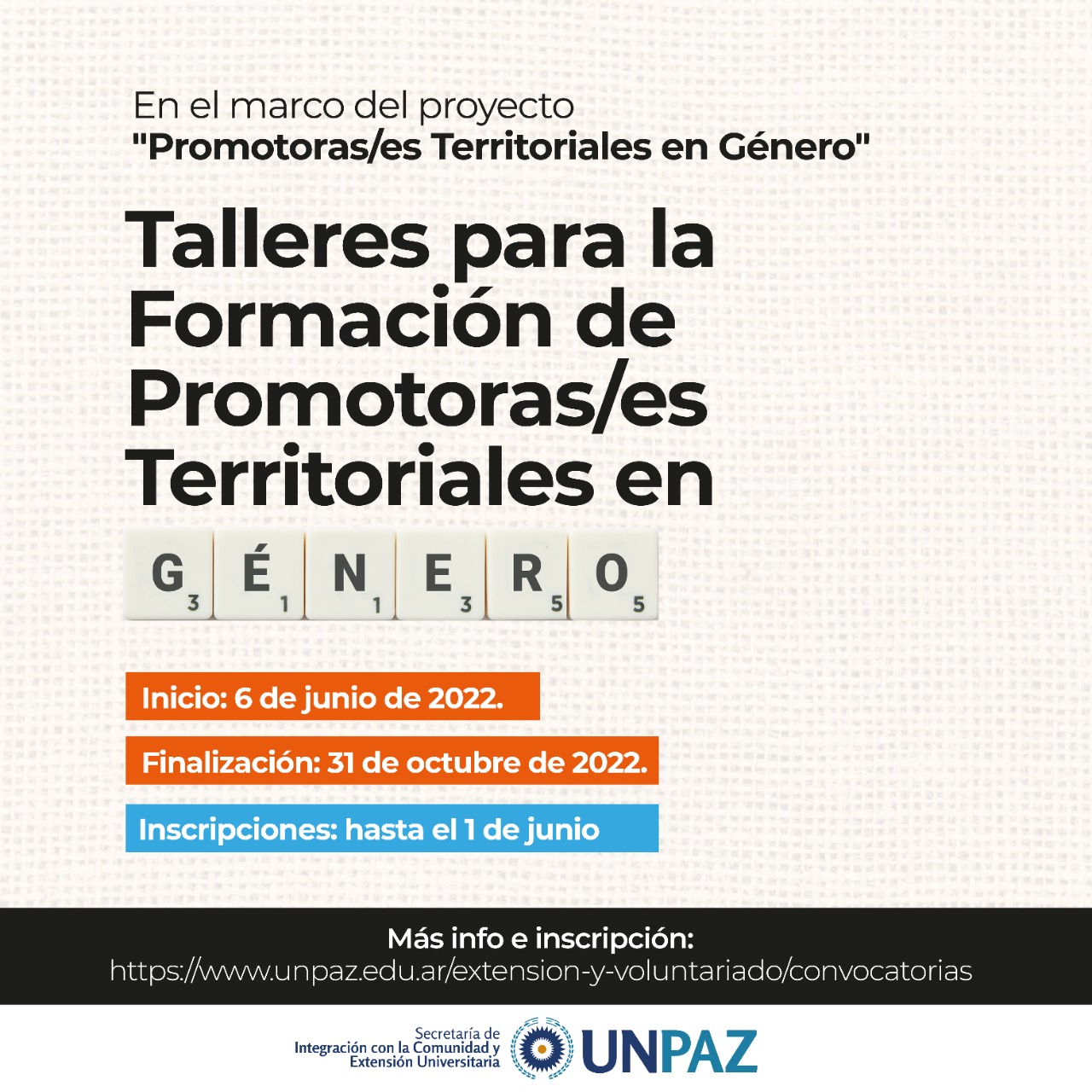 CONVOCATORIA A BECA DE EXTENSIÓN "Talleres para la formación de Promotoras/es Territoriales en Género" - UNPAZ