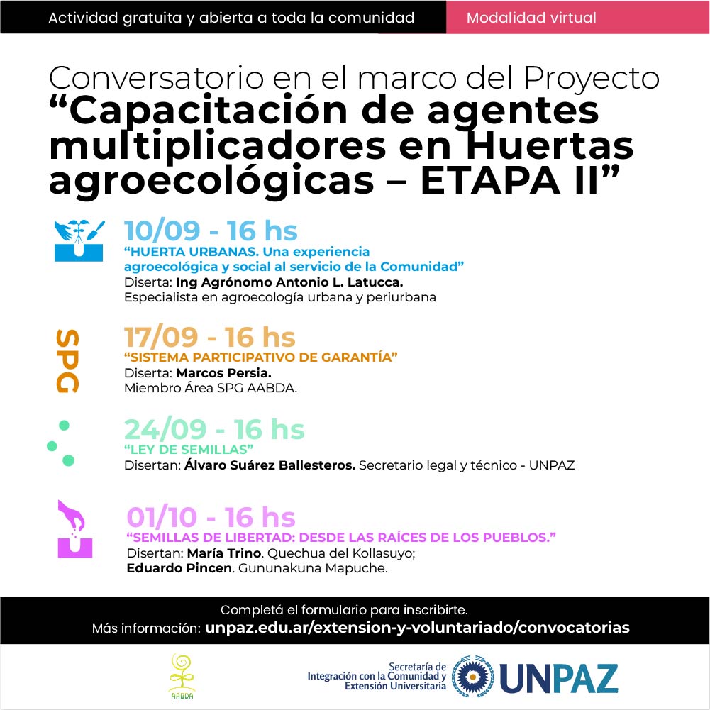 CONVOCATORIA ABIERTA AL CONVERSATORIO EN EL MARCO DEL PROYECTO "CAPACITACIÓN DE AGENTES MULTIPLICADORES EN HUERTAS AGROECOLÓGICAS - ETAPA II" - UNPAZ