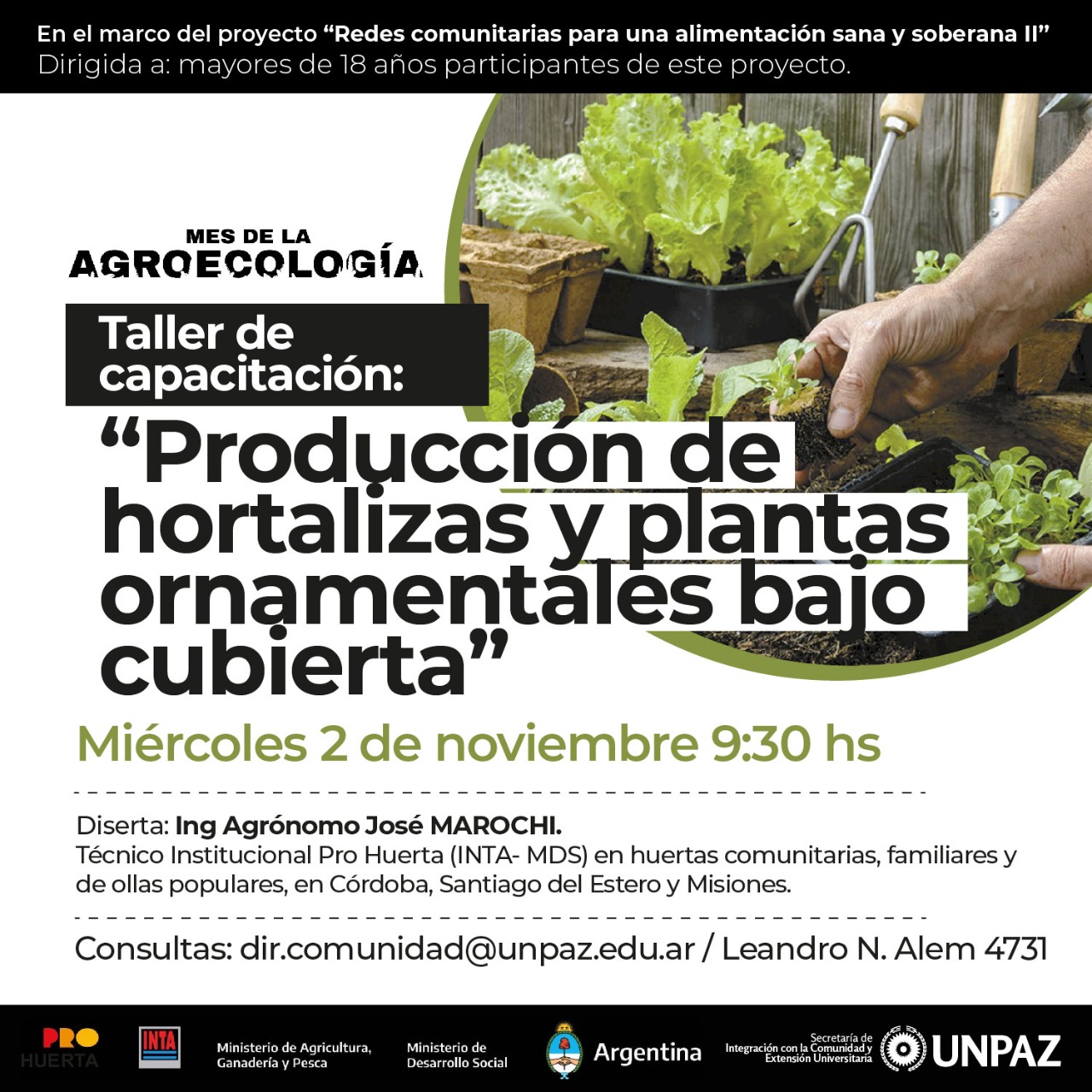 CONVOCATORIA ABIERTA A TALLER DE CAPACITACIÓN: “PRODUCCIÓN DE HORTALIZAS Y PLANTAS ORNAMENTALES BAJO CUBIERTA”  - UNPAZ