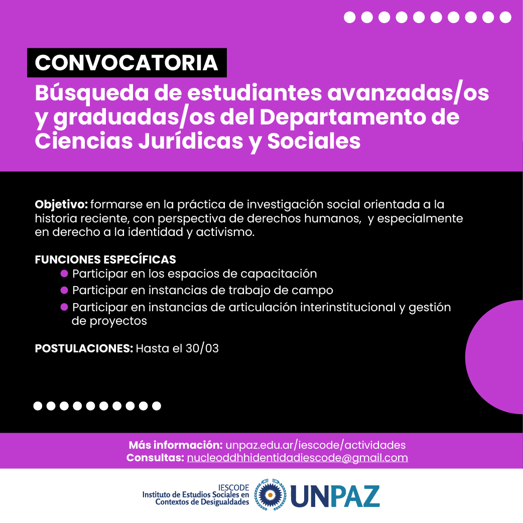 Convocatoria a estudiantes avanzadas/os y graduadas/os del Departamento de Ciencias Jurídicas y Sociales