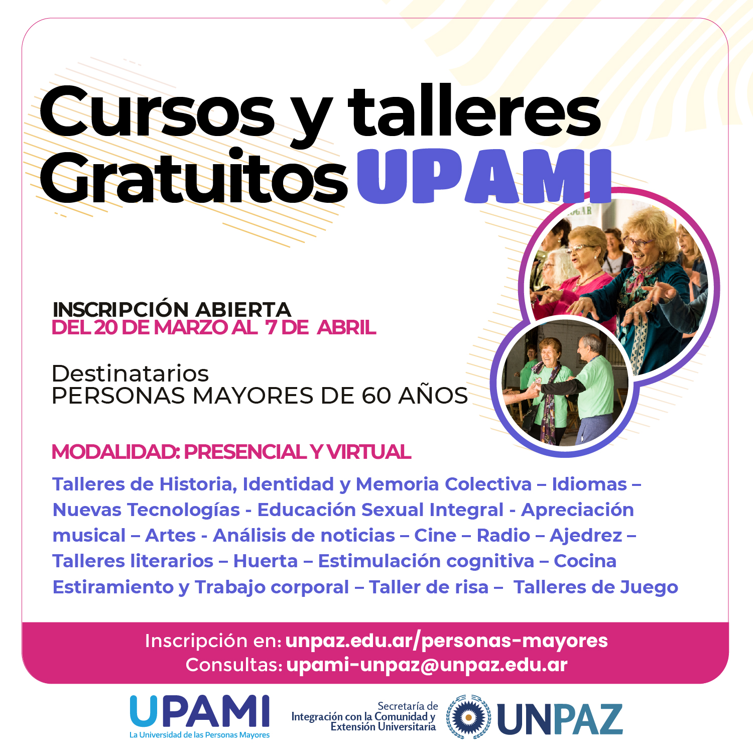 CURSOS Y TALLERES GRATUITOS PARA PERSONAS MAYORES - UNPAZ