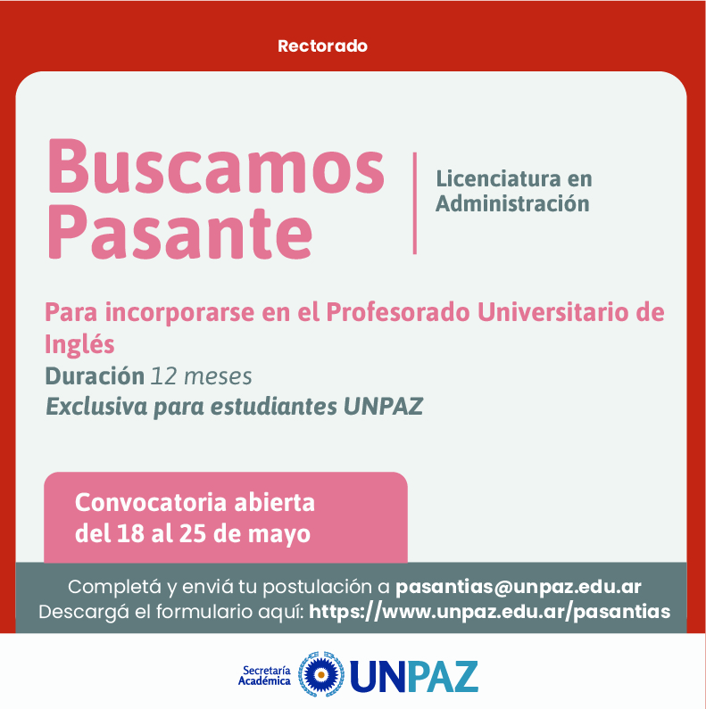 CONVOCATORIA ABIERTA A PASANTÍA EN EL PROFESORADO UNIVERSITARIO DE INGLÉS - UNPAZ