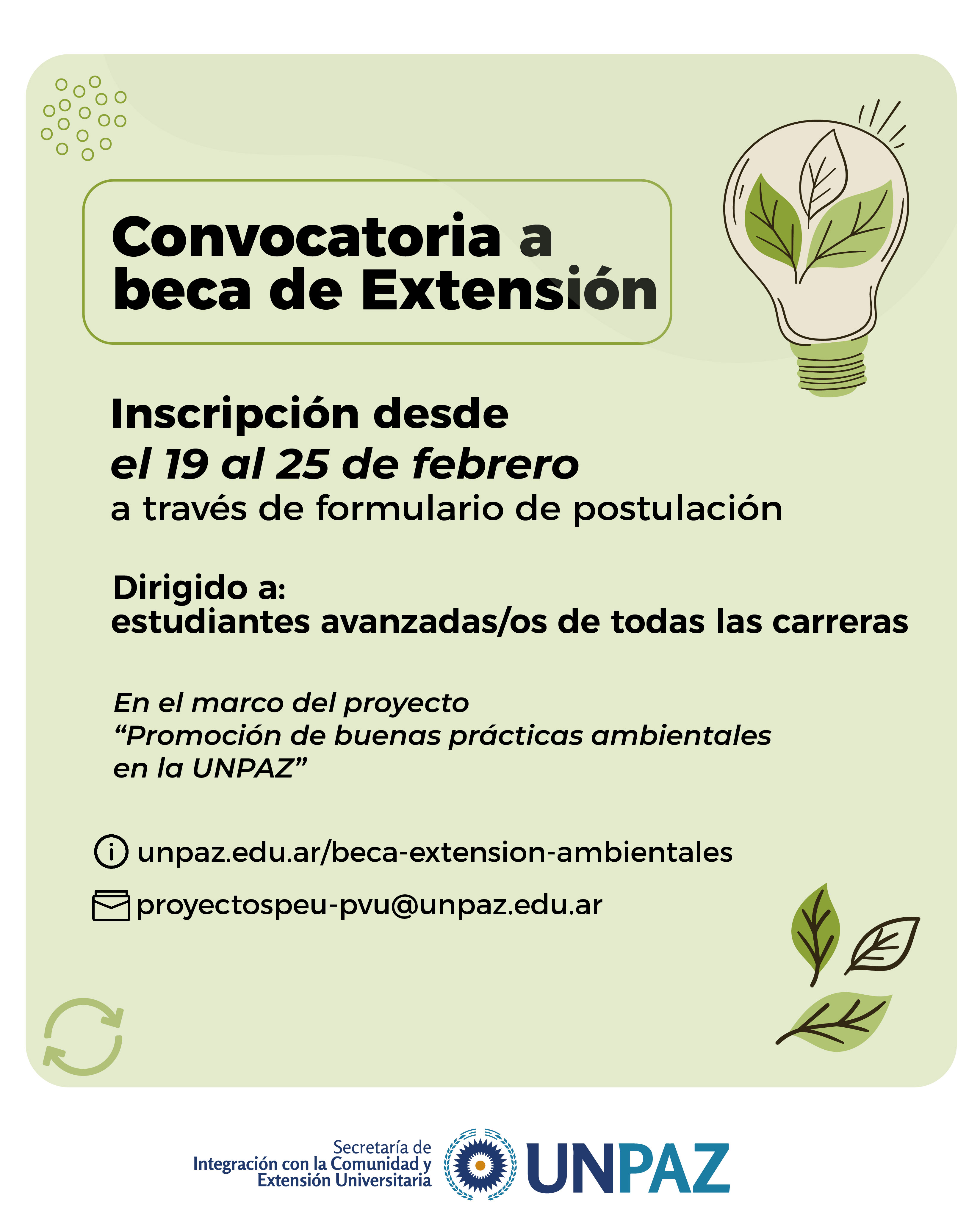 CONVOCATORIA A BECA DE EXTENSIÓN "Promoción de buenas prácticas ambientales en la UNPAZ" - UNPAZ