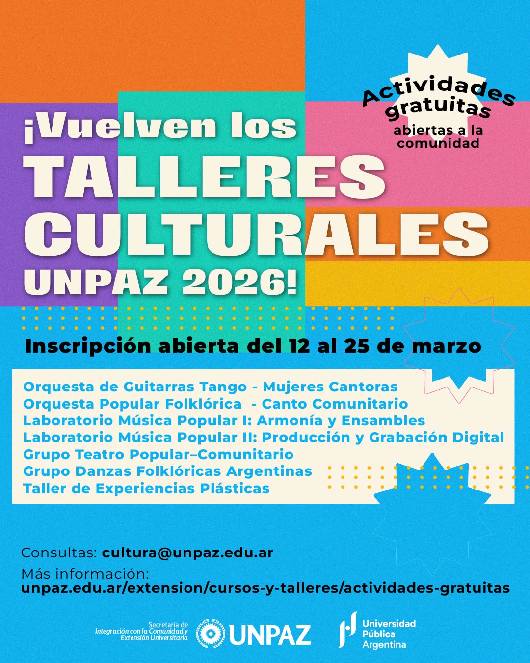 ABIERTA LA INSCRIPCIÓN A LOS GRUPOS Y TALLERES CULTURALES UNPAZ  - 2026