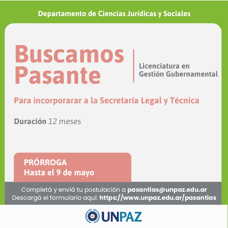 CONVOCATORIA ABIERTA A PASANTÍA EN LA SECRETARÍA LEGAL Y TÉCNICA - UNPAZ