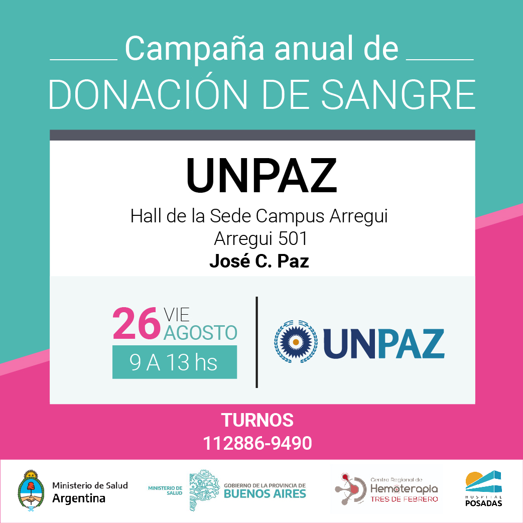 Se realizará la segunda jornada de la campaña anual nacional y provincial de donación de sangre en la UNPAZ