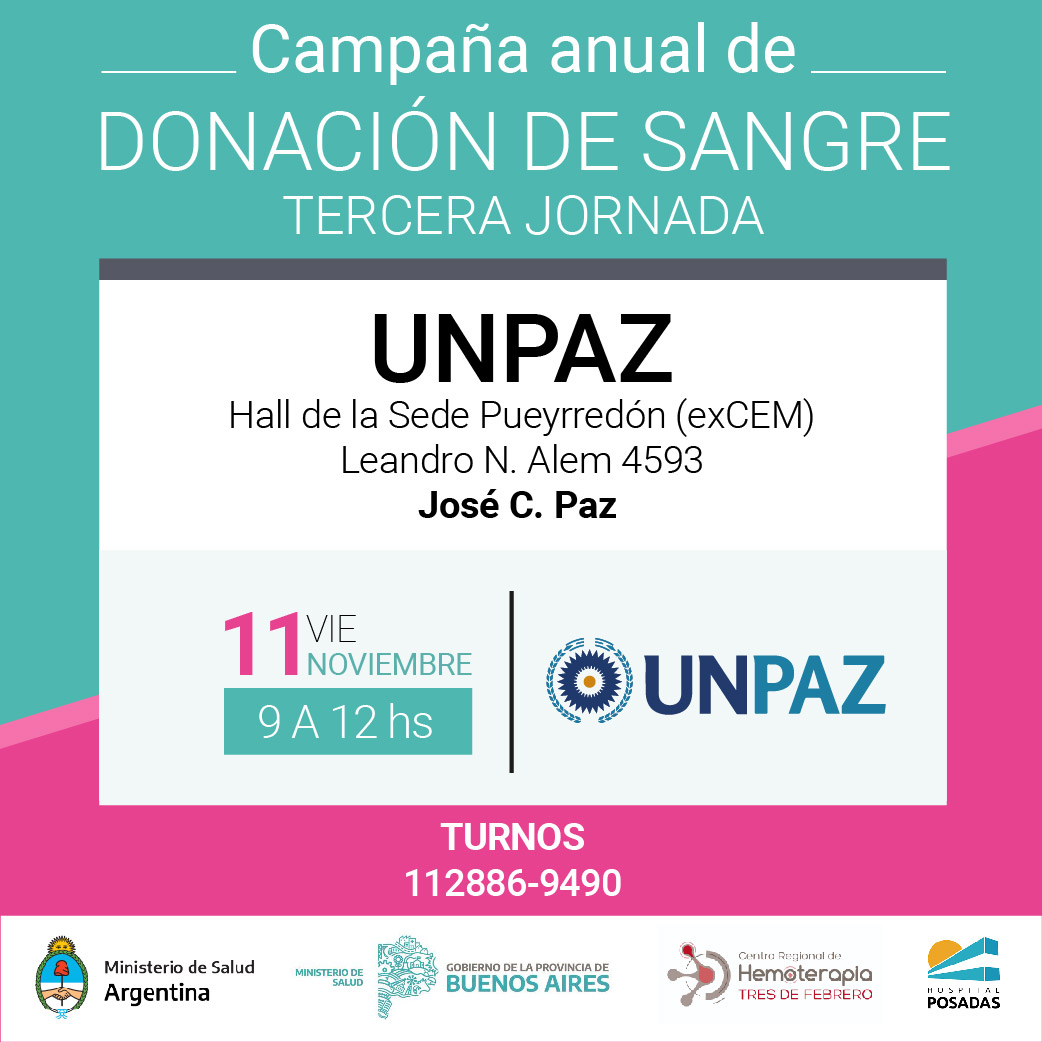 Campaña anual nacional y provincial de donación de sangre: se realizará la tercera jornada en la UNPAZ