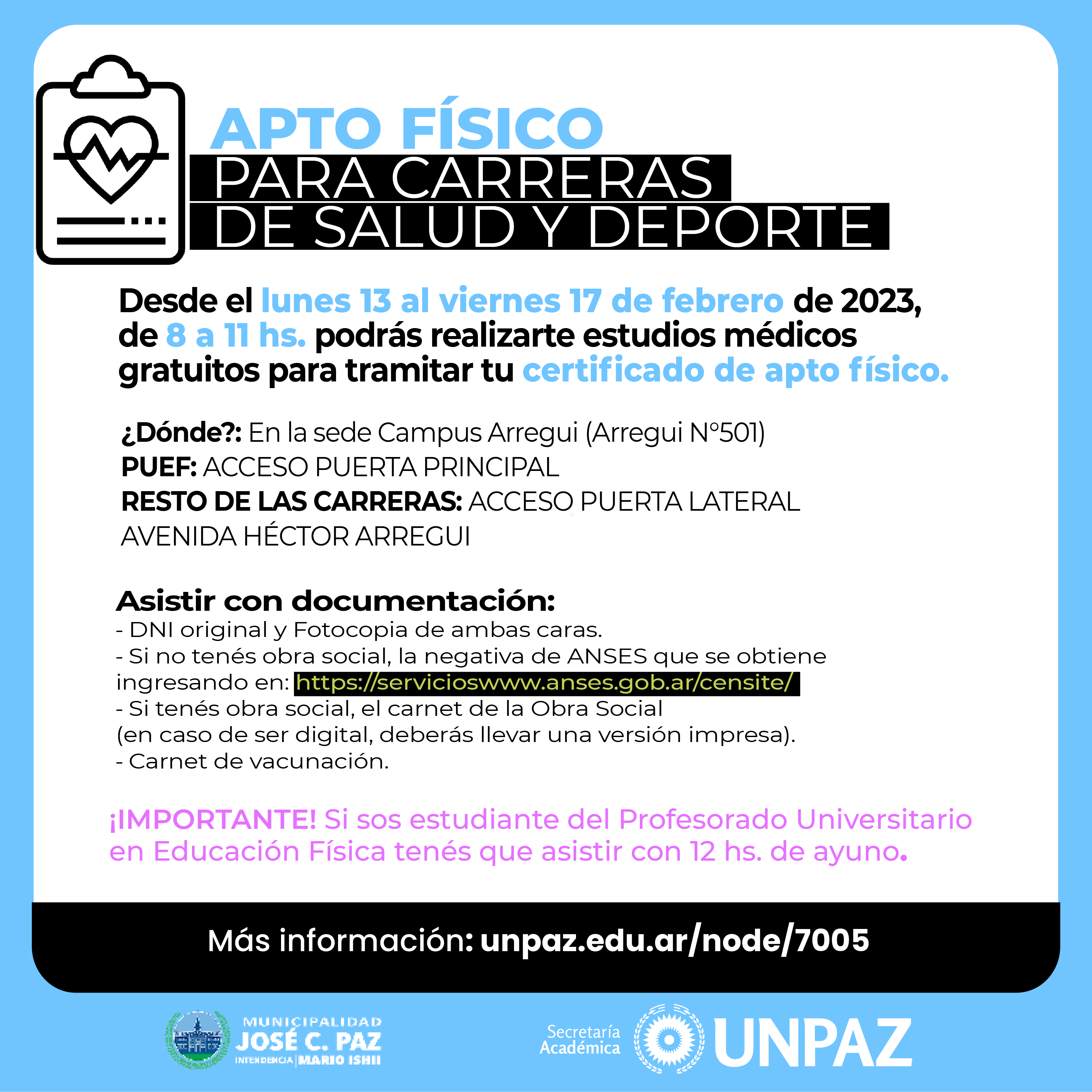 Apto físico para estudiantes del Departamento de Ciencias de la Salud y el Deporte