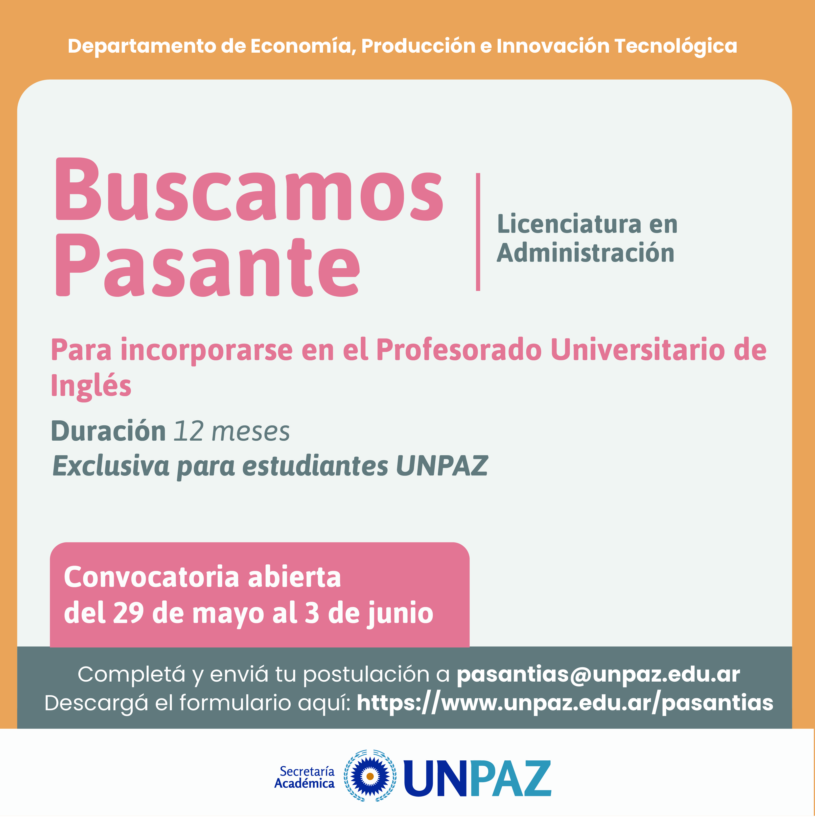 CONVOCATORIA ABIERTA A PASANTÍA EN EL PROFESORADO UNIVERSITARIO DE INGLÉS - UNPAZ
