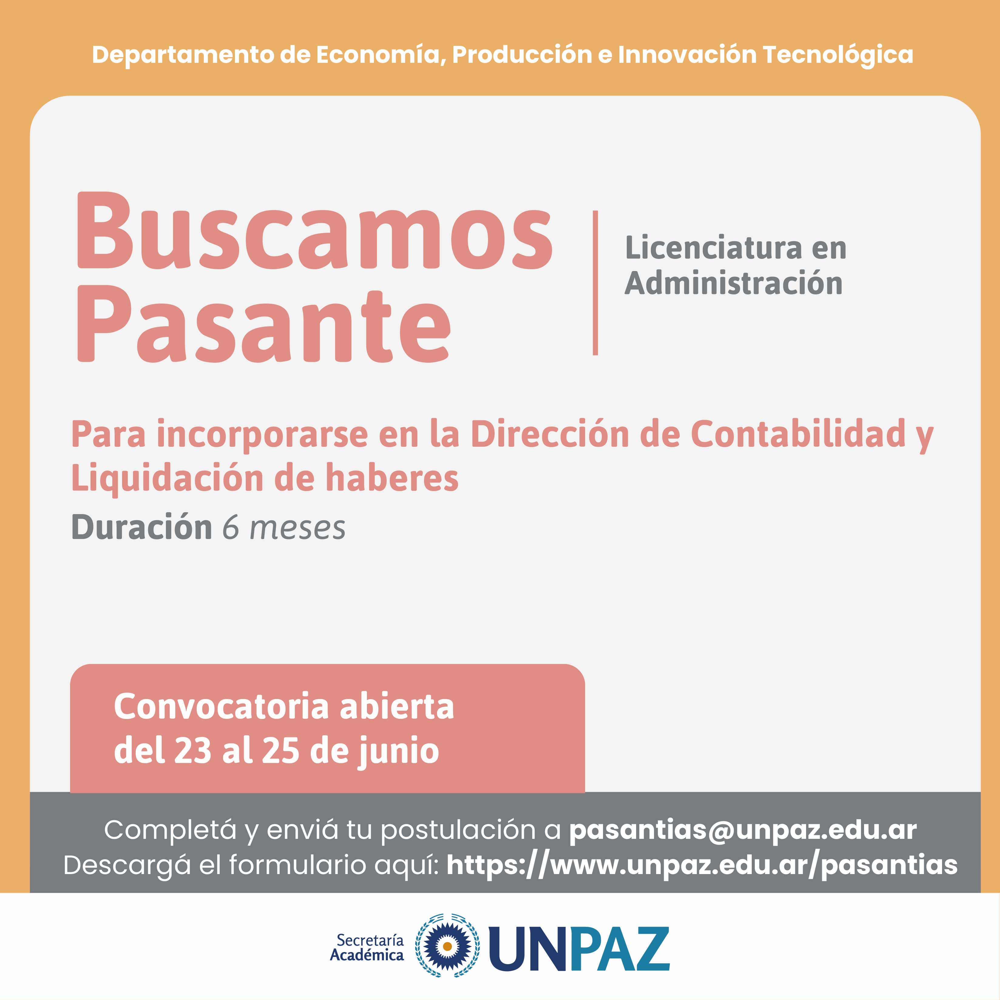 CONVOCATORIA ABIERTA A PASANTÍA EN LA DIRECCIÓN DE CONTABILIDAD Y LIQUIDACIÓN DE HABERES - UNPAZ
