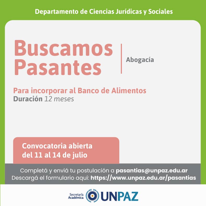 CONVOCATORIA ABIERTA A PASANTÍA EN EL BANCO DE ALIMENTOS - UNPAZ