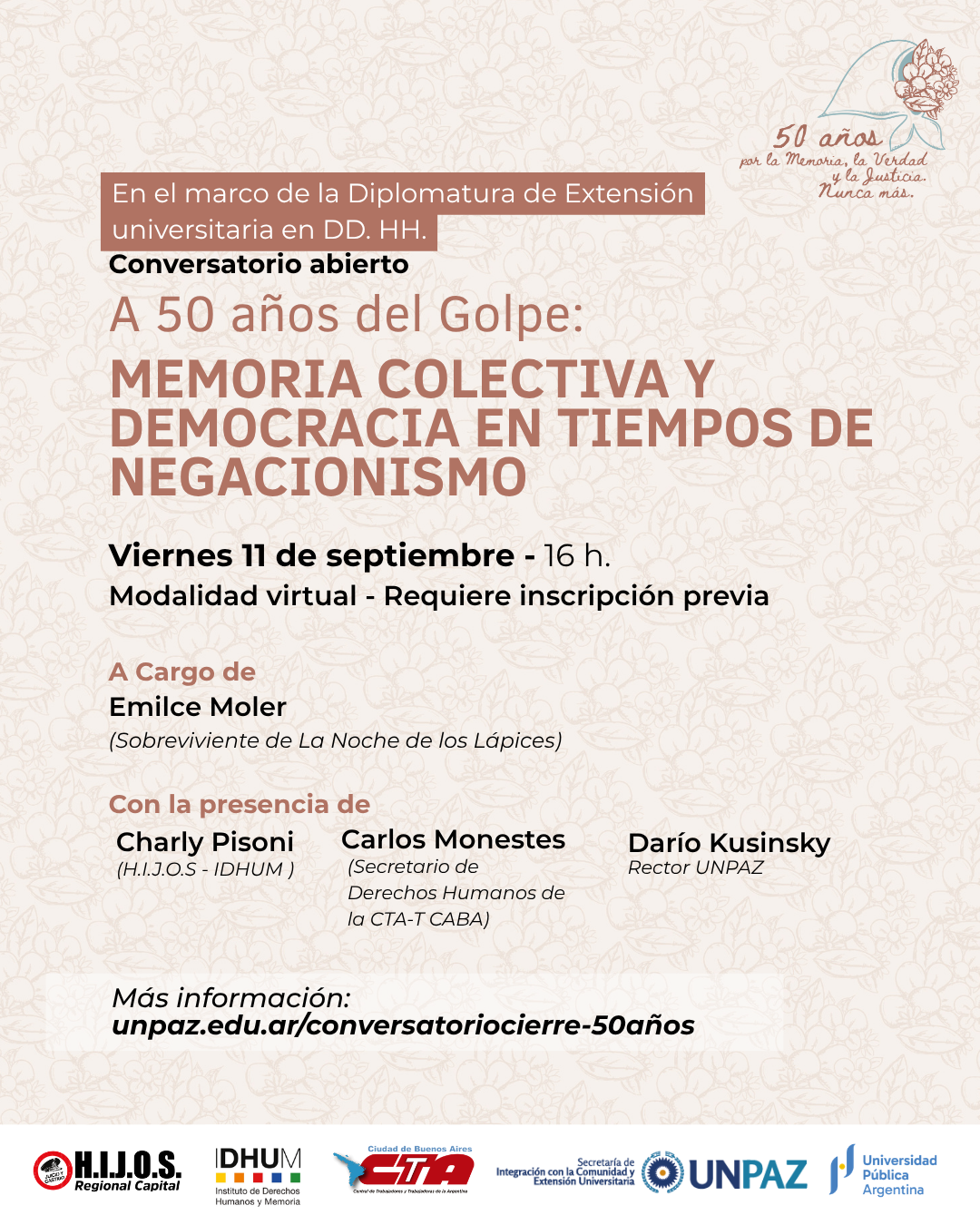 Conversatorio de cierre: "A 50 años del golpe: memoria colectiva y democracia en tiempos de negacionismo"