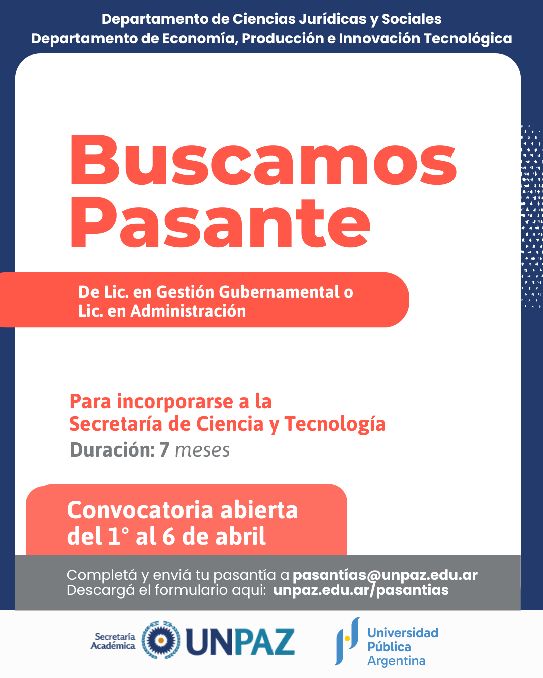 CONVOCATORIA A PASANTÍA EN LA UNIVERSIDAD NACIONAL DE JOSÉ C. PAZ - UNPAZ