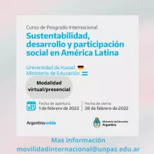 CONVOCATORIA A CURSO DE POSGRADO INTERNACIONAL EN SUSTENTABILIDAD, DESARROLLO Y PARTICIPACIÓN SOCIAL EN AMERICA LATINA - UNPAZ